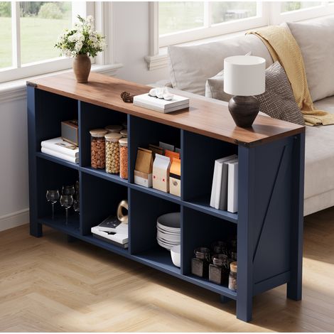 Scaffale contenitore 140x34x75 cm, 8 vani aperti, design geometrico, antiribaltamento, MDF blu (1/5)