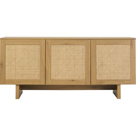 Aparador acabado en madera clara roble y rejilla de ratán de 3 puertas L160 cm HERA (1/5)