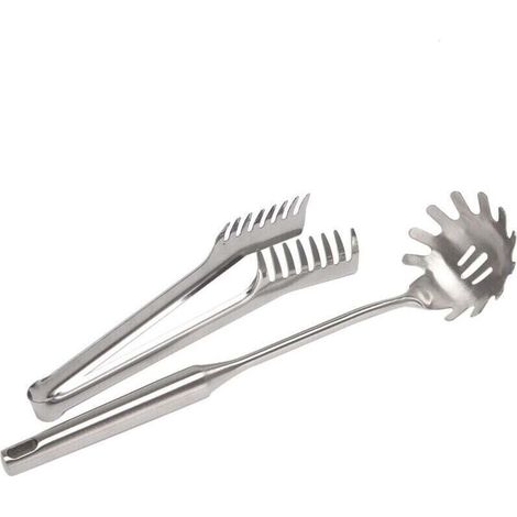 Service à spaghetti en acier inoxydable 2 pièces – pince, fourchette et cuillère – design ergonomique et résistant (1/4)