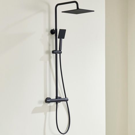 Auralum Max Duschsystem mit Verbrühschutz-Thermostat Armatur, Duscharmatur Komplettset Schwarz, 25x25cm Regendusche Duschkopf, Edelstahl Duschstange und Schlauch, Thermostat Duscharmatur Duschgarnitur