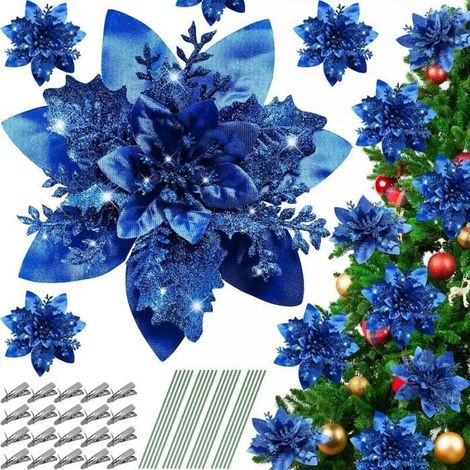 Fleurs artificielles - Noël - Poinsettia - 20 PCS - Bleu - Scintillantes - Tiges et Clips (1/3)
