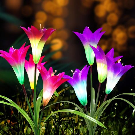 Lampes solaires d'extérieur - Nouvelles lampes solaires de jardin améliorées, multicolores à changement automatique, 8 grandes lampes décoratives en forme de lys pour jardin, terrasse, cour (lot de 2, (1/3)