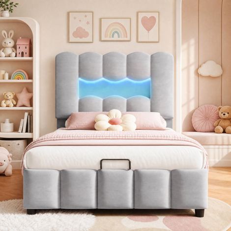MEUBLIV Letto 90x200 grigio, LED, contenitore idraulico, testiera regolabile, senza materasso (1/5)