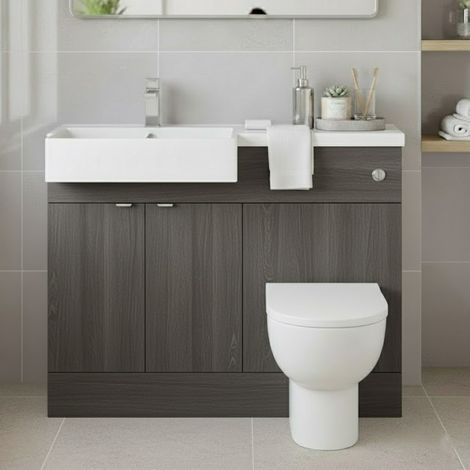 Hudson Reed Fusion LH Combination Unit with Square Semi Recessed Polymarble Basin 1100mm Wide - Anthracite Woodgrain (1/5)