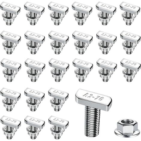 Lot de 24 vis à tête marteau M8 x 30 mm en acier inoxydable A2-70 avec écrou à bride et écrou denté pour rail de montage PV, montage solaire, photovoltaïque, serre, profilé en aluminium (1/5)