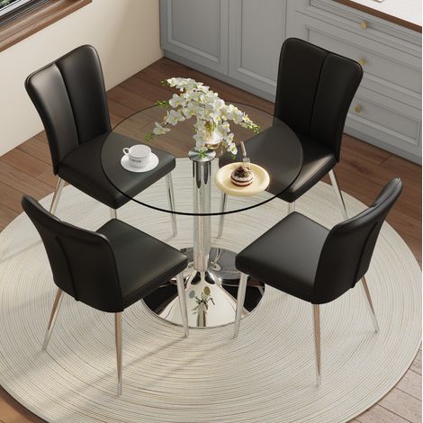 Set da pranzo con tavolo rotondo in vetro trasparente e sedie in PU nero, base e gambe in metallo argento, Ø85x76 cm (1/5)
