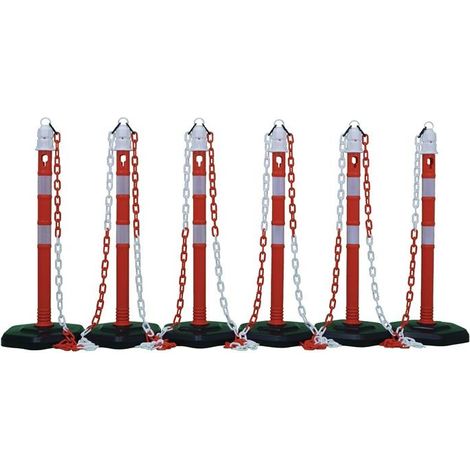 Ensemble de potelets de blocage PP rouge/blanc avec pied hexagonal D63xH1000mm 6 poteaux et 5 chaînes