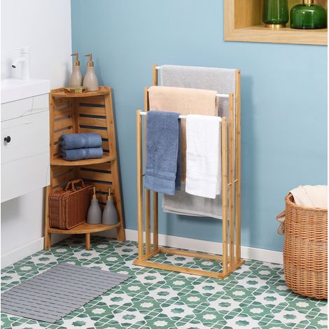 Porte-serviettes sur pied 48 x 25,8 x 94 cm en bambou naturel, 3 barres, salle de bains - CHICFURN (1/5)