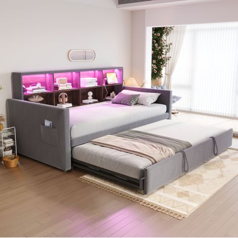 Cama dormitorio con almacenamiento LED gris OKMYHOME (1/5)