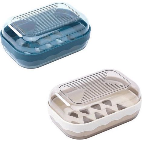 2 piezas, Jabonera, Jabonera con tapa, 12,88,85,5 cm, Azul, blanco, Plástico, residencia estudiantil, Jabonera con desagüe, Jabonera portátil (1/5)