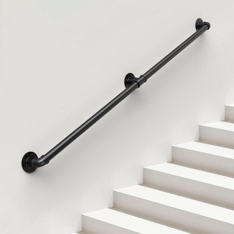 240cm Main Courante pour Escalier Intérieur Extérieur Mur Balustrade de Rampe de Pied Garde-Corps de Support Poignée Rambarde de Sécurité - Kit Complet - Métal Fer Forgé Noir (1/5)