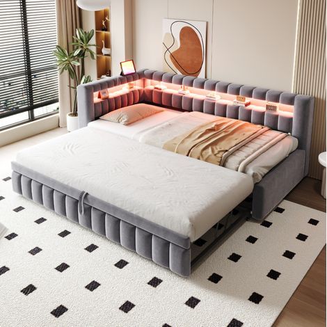 Divano letto angolare imbottito 90x200 cm in velluto grigio scuro con LED e USB OKWISH (1/5)
