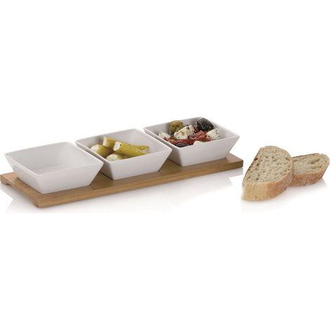 Ensemble de 3 bols carrés en porcelaine Kela Philipa sur un socle en bambou, 33,5 x 12 x 5 cm (1/5)