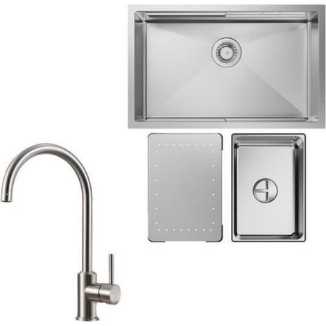 Fregadero de cocina 1,5 lavabo 70x44 cm fregadero de acero inoxidable fregadero bajo encimera cepillado + grifo de cocina de alta presión grifo de cocina cepillado alto 363,7 mm (1/4)