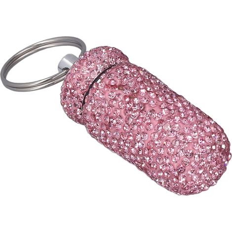 Boîte de rangement pour capsules à strass avec porte-clés, en alliage d'aluminium rose, pour flacons de médicaments portables. (1/5)