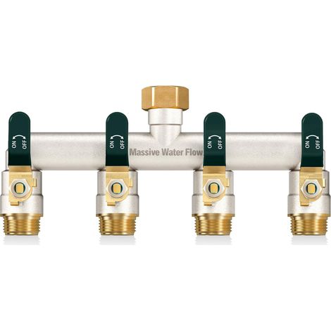 4voies Distributeur d'eau à double débit, distributeur d'eau 3/4 pouce, construction robuste en laiton nickelé, adaptateur de robinet extérieur à haut débit, poignée métallique allongée-poignée verte (1/5)