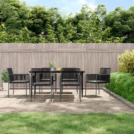 7 pcs Ensemble à dîner de jardin, Mobilier à dîner de jardin, Table et Chaises à Manger et coussins noir rotin et acier MKPO89221 (1/5)