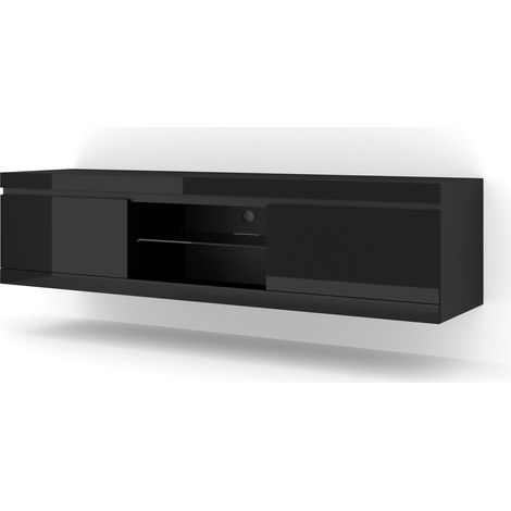 Meuble TV NET 180 cm suspendu ou debout noir mat / noir brillant