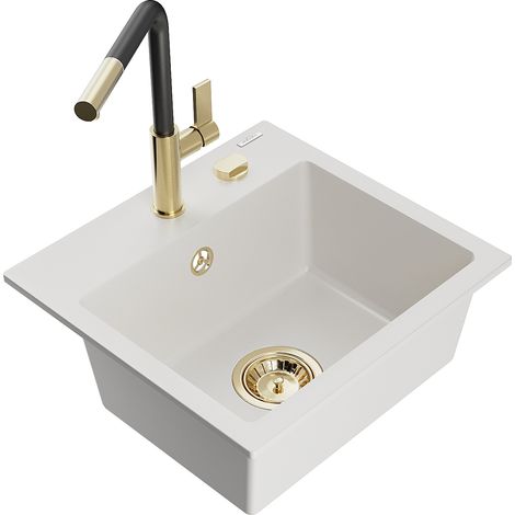 Mexen Milo fregadero de granito de 1 seno con grifo de cocina Flora, blanco - 6505-20-670401-57-G (1/5)
