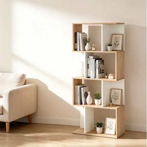 Bibliothèque S 60x24x148 cm en panneaux de bois naturel et blanc, gain de place bureau FloraGrace (1/5)
