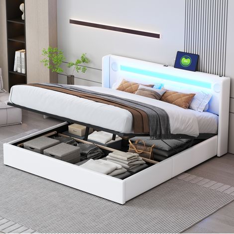 Letto matrimoniale contenitore LED 160x200 bianco OKMYHOME (1/5)