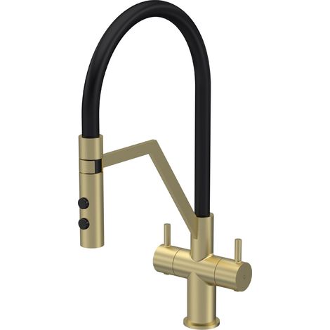 Balterley Haughton Modern Kitchen Mono Mixer Tap with Dual Lever Handles, Curved Swivel Spout - Brushed Brass Finish (1/5)