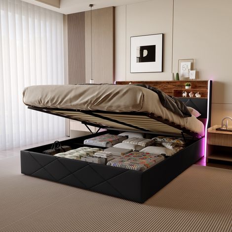 Lit coffre 140x200 cm – Lit double – Lit à pression d'air – Éclairage LED – Port USB – Design moderne - Sommier à lattes - cuir noir (1/5)