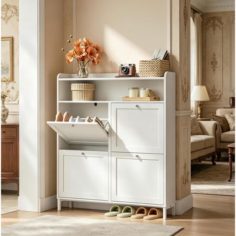 Schmaler Schuhschrank Weiß mit 4 Klapptüren und oberer Ablage, 100 x 19,5 x 107 cm, OKWISH (1/4)