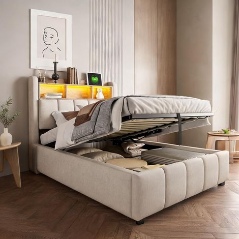 Cadre de lit beige en upholstered 215 x 90 x 110 cm (1/5)