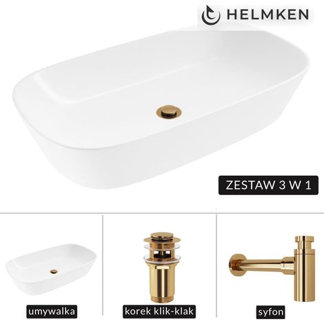 Lavabo de encimera Helmken 39370000 (70x38) blanco + sifón dorado + tapón de clic dorado (1/5)
