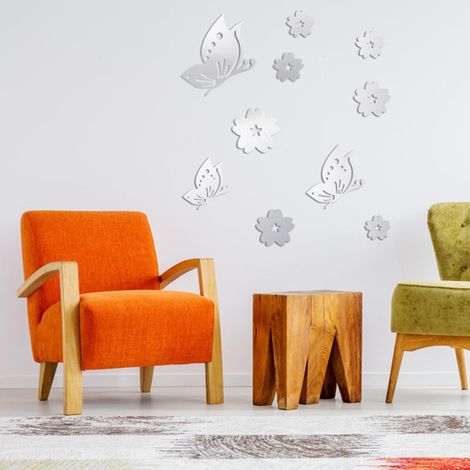 Decoración de pared 3D con pegatinas de espejo acrílico: diseños de mariposas y flores para sala de estar/dormitorio, decorativas, impermeables, fáciles de aplicar y quitar. (1/5)