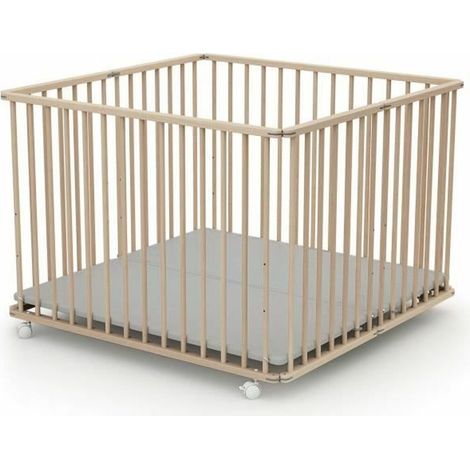 Parc pliant carré - WEBABY - CALI - 100 x 100 cm - 4 roulettes - Jusqu'a 24 mois - Hetre brut (1/5)