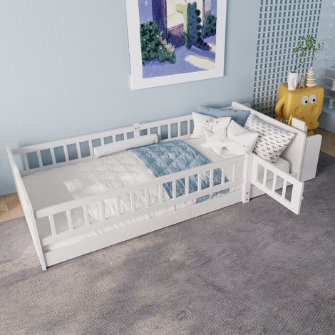 Bett Kinderbett Stauraum 90x200 Kiefernholz weiß OKMYHOME (1/5)