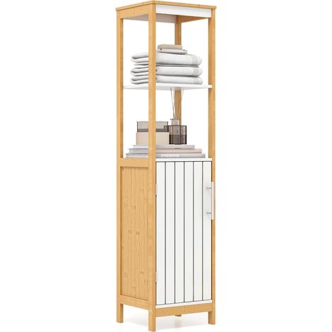 GOPLUS Armoire Haute Autoportante de Salle de Bain, Armoire de Rangement Étroite, Étagère Réglable, Tour à Linge, Bambou Naturel (1/4)