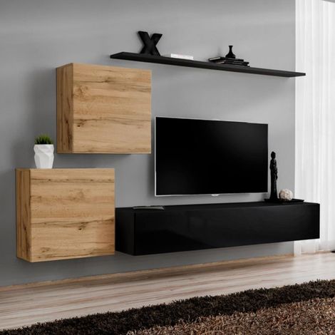 Meuble TV Mural Design "Switch V" 250cm Naturel & Noir (1/4)