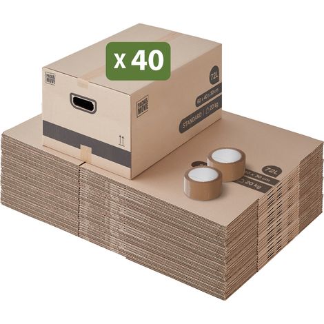 Lot de 40 cartons déménagement M – Dimensions 60 x 40 x 30 cm – Poignées renforcées – Charge 20 kg – Pack And Move