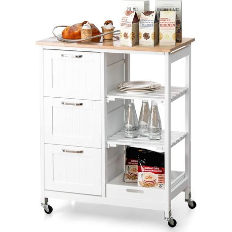 COSTWAY Carrello da Cucina con Ruote, Credenza Cucina con 4 Ripiani e 3 Cassetti, in Legno, Ideale per Cucina Ristorante e Bar, 67 x 37 x 83,5 cm, Bianco (1/5)