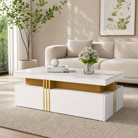 Table basse rectangulaire 100 x 50 x 40 cm avec 2 tiroirs, plateau brillant blanc HAVRYA (1/5)