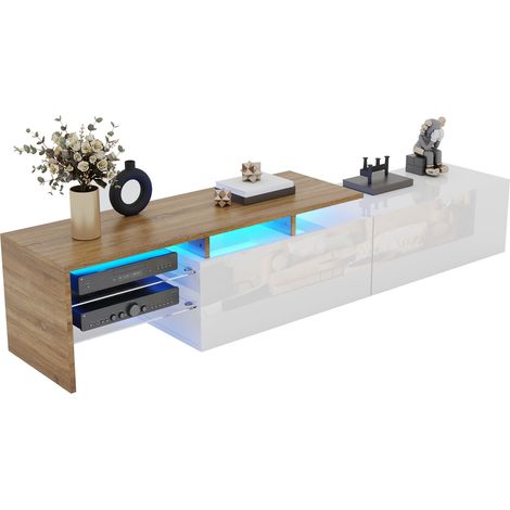 TV-Lowboard mit 2 Fächern, Glasböden und LED 16 Farben, Modern Hochglanz, 170×33×33,5 cm, Weiß Natur (1/5)