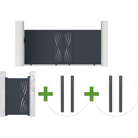 Puerta corredera VELETA de 3,5 m de ancho y 160 cm de alto, de aluminio gris + puerta peatonal VELETA de 1 m de ancho y 160 cm de alto + 4 postes