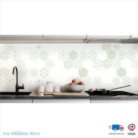 Crédence : Carreaux Ciment Hexagonal - Couleur Vert blanc - Alu composite - 60 - 120 (1/3)