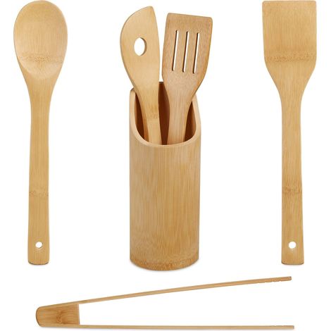 Ustensiles de Cuisine, 6 Accessoires, 2 cuillères, 2 spatules, 1 Pince, 1 Pot, en Bambou, Natures (1/5)