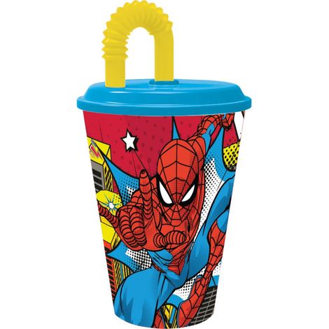 Marvel Bicchiere azzurro e giallo per bambini in plastica Spiderman Uomo Ragno 430 ml con cannuccia e coperchio flessibile (1/5)
