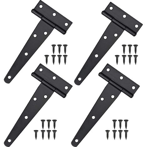 Juego de 4 bisagras en T negras, 5 pulgadas, juego de bisagras en T inoxidables con tornillos, bisagras resistentes para puertas de granero, para ventanas, cercas y cobertizos. (1/4)