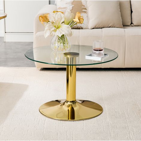 Mesa de centro redonda de vidrio templado 70 cm, estructura metálica dorada DESVIAE (1/5)