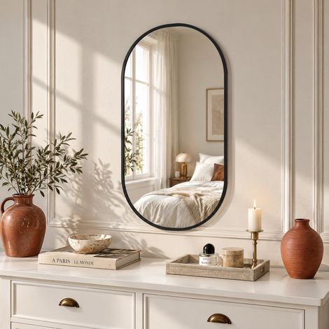 Comanlai - Miroir simple de salle de bain ovale, Miroir mural horizontal/vertical - Pour Salle de Bain, Chambre, Salon, Couloir - Cadre Couleur Noir 75x50cm