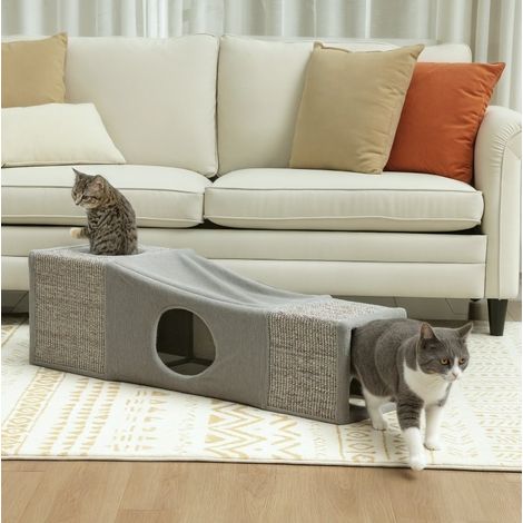 Tunnel pour chat 98x30x30 cm en polyester et sisal brun/gris, pliable, pour salon FLORAGRACE (1/5)