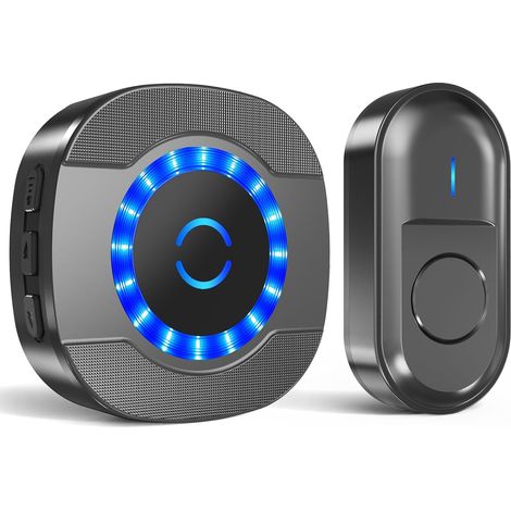 Timbre inalámbrico para exteriores, resistente al agua, alcance de 300 m, con receptores enchufables, kit de timbre electrónico para el hogar, LED azul, 55 melodías, 5 niveles de volumen, color negro. (1/5)