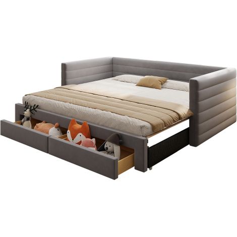 Polsterbett 3-in-1 Ausziehbares Schlafsofa, Multifunktionsbett, mit Schubladen, umbaubar in Einzel-/Doppelbett mit Lattenrost, Baumwolle und Leinen (Matratze nicht enthalten)
