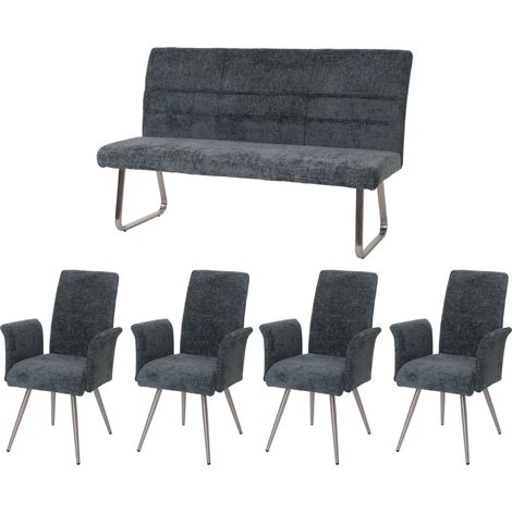 [NON UTILIZZATO] Set sala da pranzo HHG-219, 4 sedie con braccioli + panca 160cm, acciaio inox stoffa/tessuto ciniglia, blu-verde